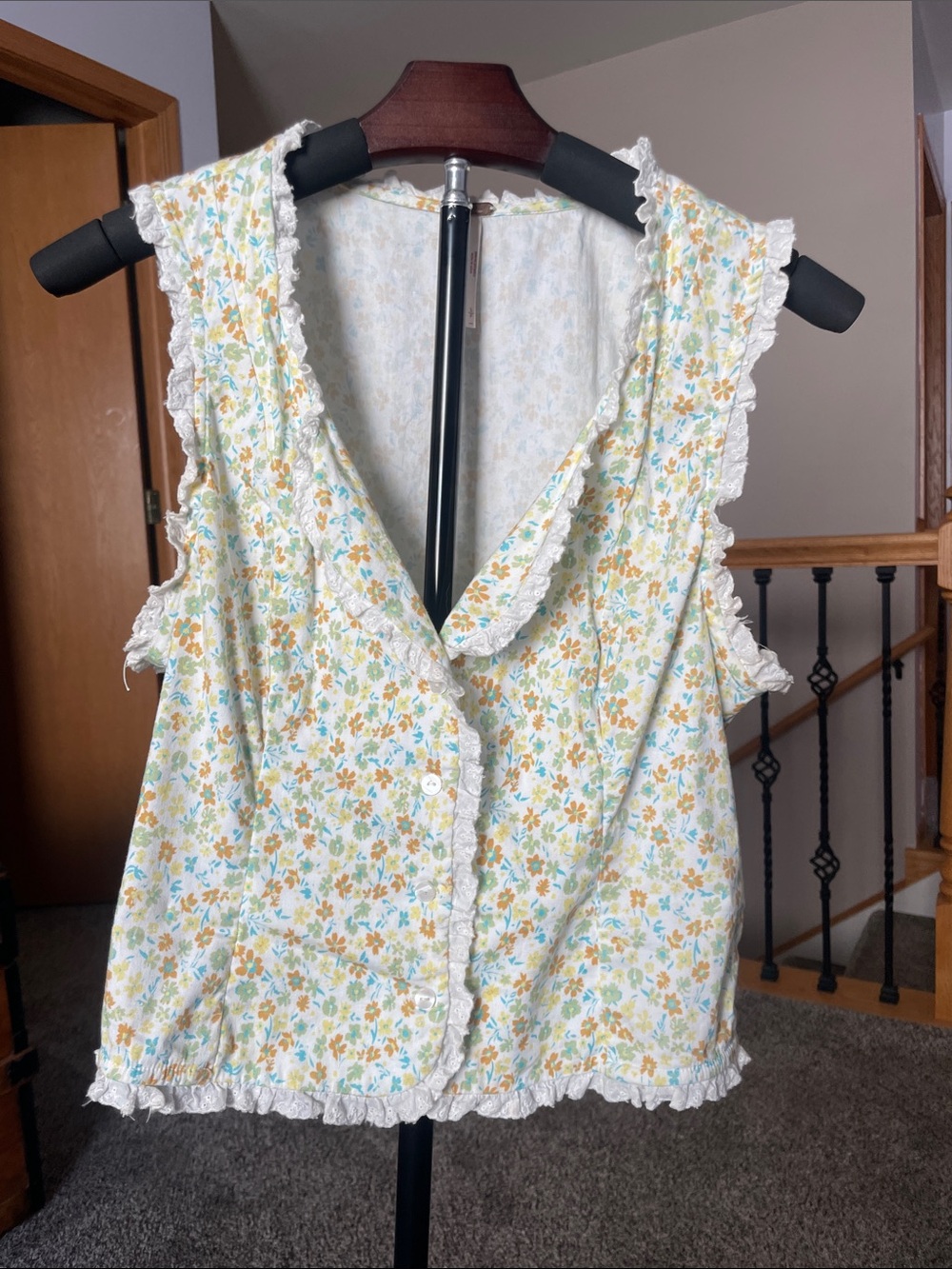 FREE PEOPLE Floral Ruffle-Trim Sleeveless Button Front Top - Yellow & Blue